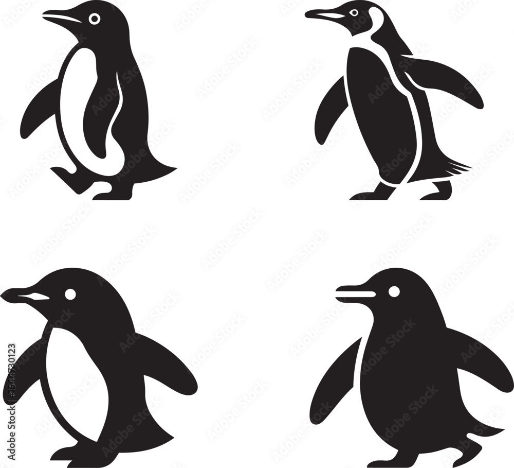 Obraz premium Four Black Silhouette Penguins Different Poses silhouettes 1