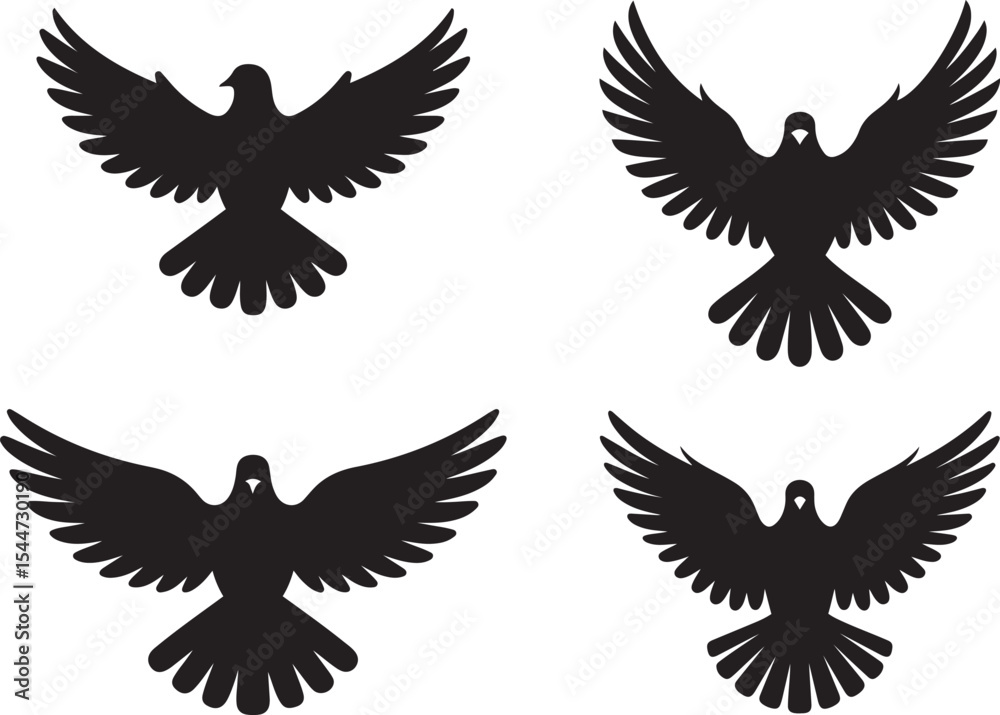 Fototapeta premium Four Black Silhouettes of Doves Wings Spread Wide pigeon