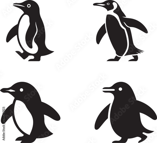 Four Black Silhouette Penguins Different Poses silhouettes 1