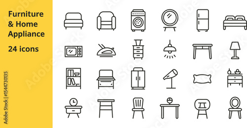 Furniture and home appliance icons isolated on a white background