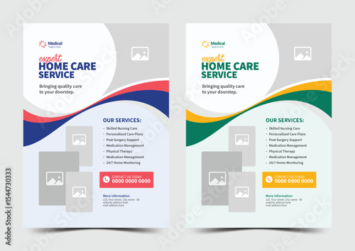 Creative wavy medical flyer for expert home care service in two color variations