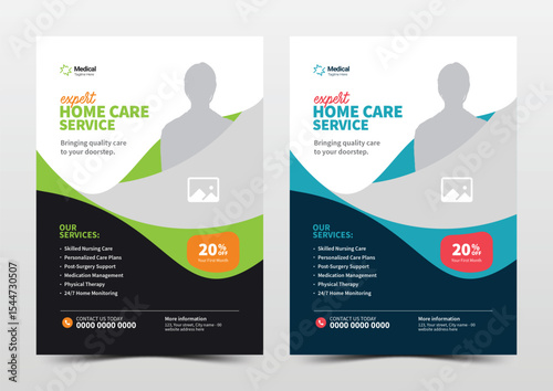 Professional home care medical flyer with modern wavy layout and dual color options