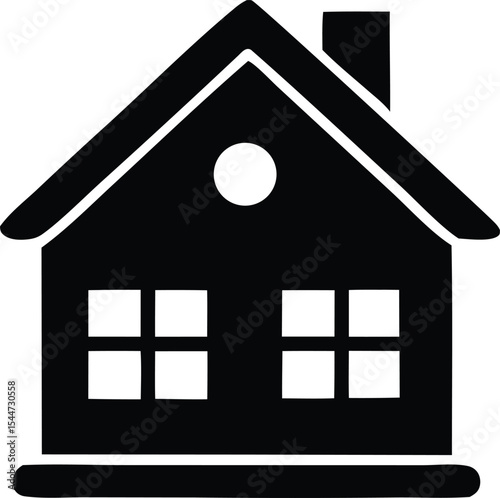 Simple black silhouette of a house with chimney and windows