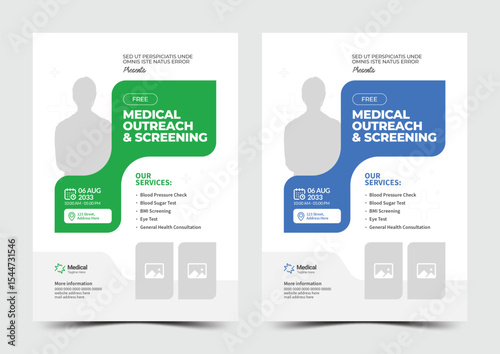 Creative medical flyer design for health screening, outreach, and dental campaign promotion in blue and green versions