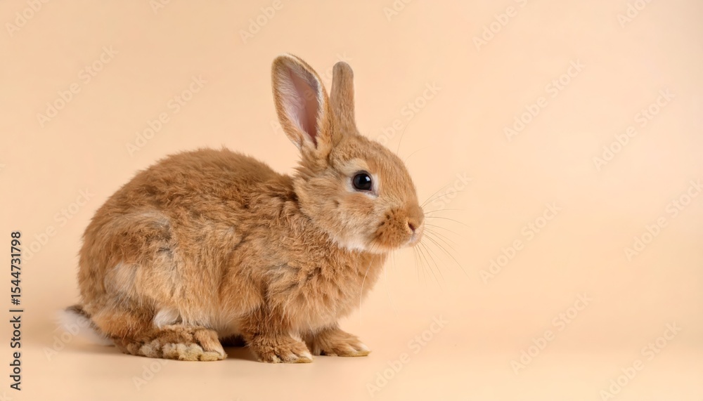 Fototapeta premium A charming brown rabbit sits serenely against a plain beige backdrop, showcasing soft shadows.