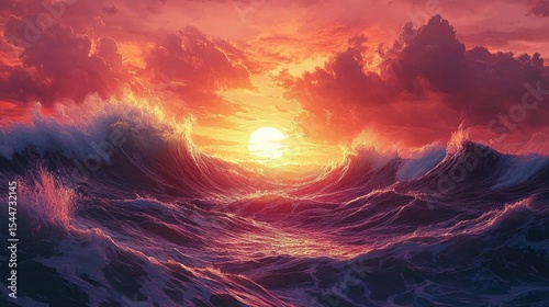 Dramatic Sunset Over Ocean Waves with Colorful Skies and Rolling Clouds Captured in a Serene Coastal Landscape