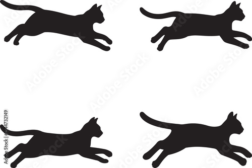 Four Black Cat Silhouettes Running Dynamic Poses jump
