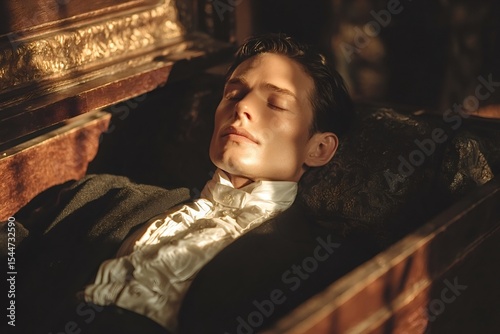 Sunlit portrait of a deceased gentleman lying in an antique coffin, wearing a ruffled shirt and dark jacket, creating a scene of historical mourning and remembrance