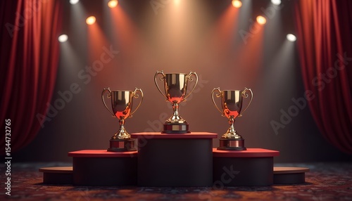 Three gold trophies on podium