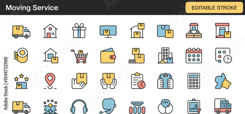 Moving service icons for delivery and relocation isolated on white
