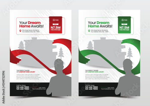 Modern real estate flyer template with curved shape and building focus – red and green versions