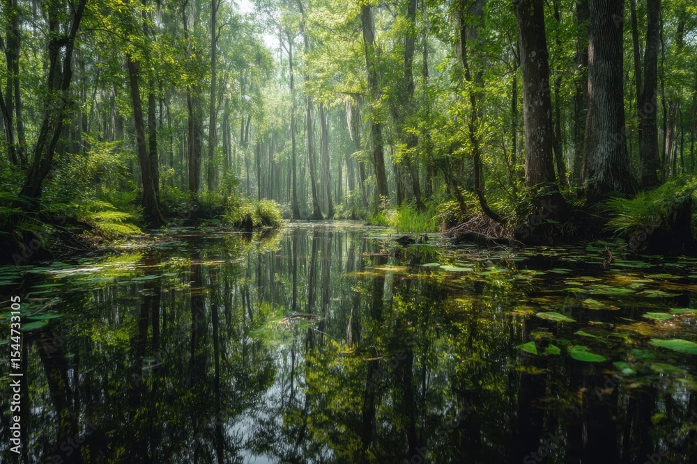 Mysterious swamp scene showcasing nature's serene beauty and enchanting tranquility Mysterious swamp scene showcasing nature's serene beauty and enchanting tranquility