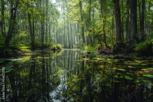 Mysterious swamp scene showcasing nature's serene beauty and enchanting tranquility