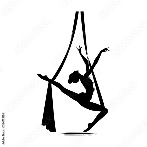 Silhouette of a woman performing aerial silk gymnastics