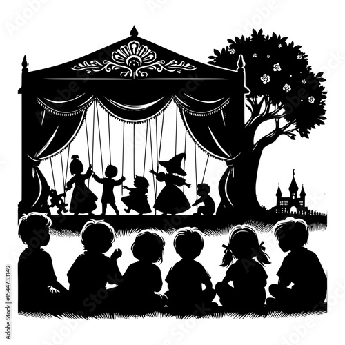 Silhouette of children watching puppet show outdoors