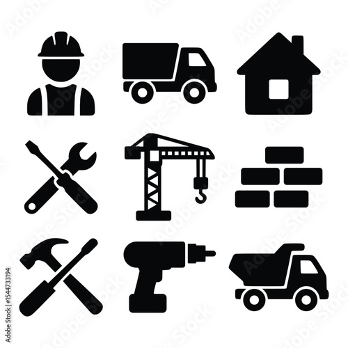 Construction and Building Tools Silhouette Icon Set