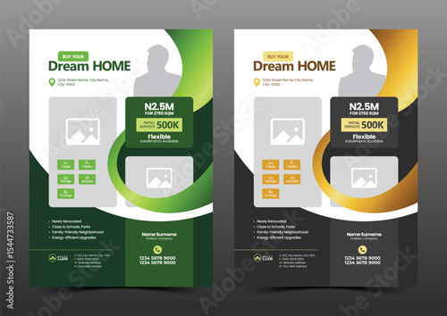 Elegant real estate flyer template featuring a wavy design with green and gold color variations for property marketing