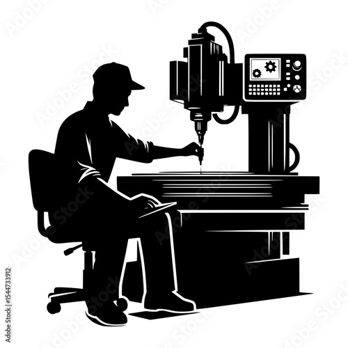 Silhouette of machinist operating cnc milling machine