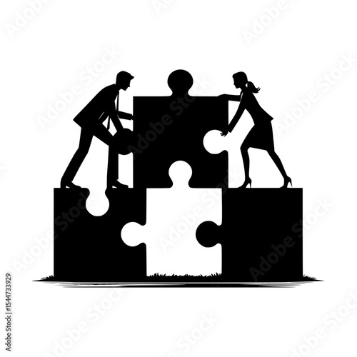 Businesspeople collaborating completing puzzle teamwork success