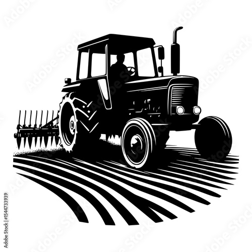 Black and white silhouette of tractor plowing field