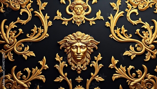 Golden Medusa and Ornament on Black Background