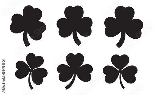 Six stylized shamrock silhouettes offer versatile design elements for St Patricks Day celebrations Irish themes and spring motifs.