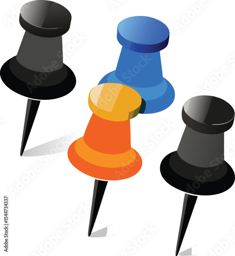 Colorful isometric illustration of push pins in black blue and orange