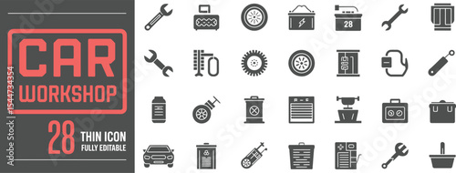 Set of thin line car workshop and auto repair icons