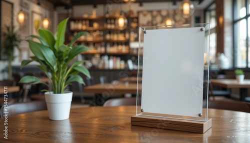 Clear glass sign on wooden table. Restaurant cafe interior with empty menu display, blank template for text, information. Modern pub decor with potted plant, Promotion, advertisement, 32k Resolution