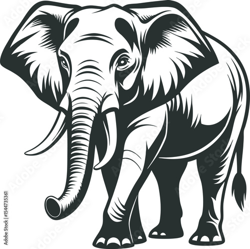 This collection of black and white images depicts various illustrations of elephants, some in profile, others with detailed textures, and some appearing to be part of a larger design or pattern.