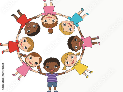 A circle of diverse children holding hands, multicultural friendship group, cute cartoon kids teamwork, unity vector illustration, isolated on a white background.