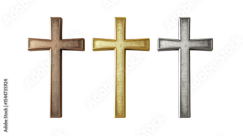 Three-metal Christian Cross Set in gold, silver, and bronze, crafted with clean edges and spiritual symbolism for Christianity and divine faith, Transparent background, PNG file