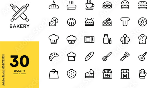 Bakery food and dessert icons in black line style