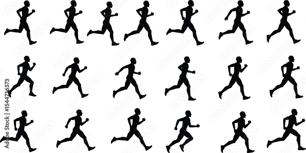 Man running sequence silhouette, vector animation sprite sheet, for motion design, fitness app, exercise guide, athletic training, jogging cycle, isolated on white. Man running sequence silhouette, vector animation sprite sheet, for motion design, fitness app, exercise guide, athletic training, jogging cycle, isolated on white.