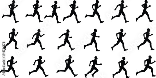 Man running sequence silhouette, vector animation sprite sheet, for motion design, fitness app, exercise guide, athletic training, jogging cycle, isolated on white.