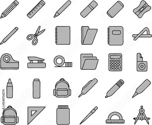 Gray Scale School Supplies Icons Backpack Ruler Pencil