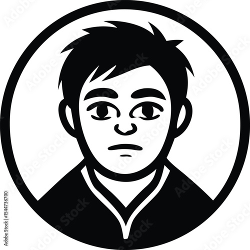Black and white illustration of a young man with short hair in a circular frame