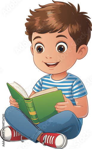 Boy Reading Green Book Sitting Cross Legged Red Shoes