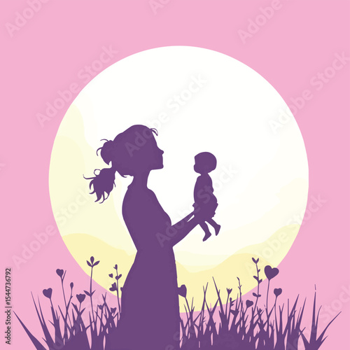 Mother Holding Child at Sunset