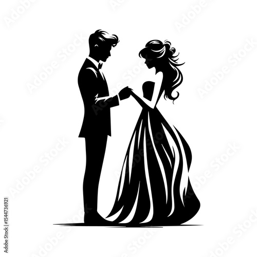 Silhouette of a man and woman holding hands, dressed formally.