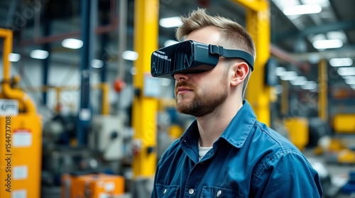 Young man working in his factory with VR glasses