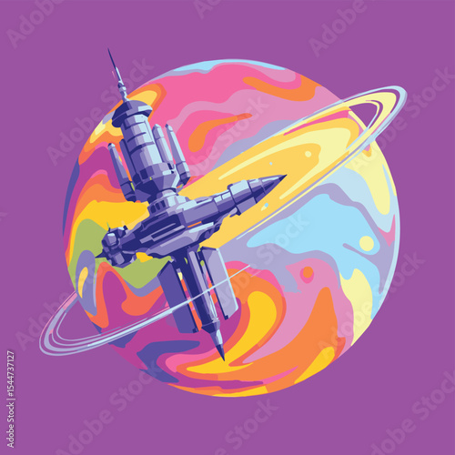 Colorful Space Station Orbiting a Planet