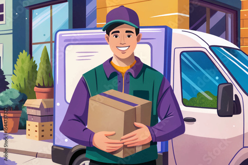 vector of delivery courier carrying a package ideal for logistics, shipping service ads, or express delivery marketing materials