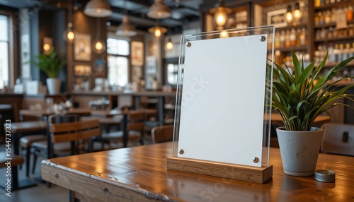 Clear glass sign on wooden table. Restaurant cafe interior with empty menu display, blank template for text, information. Modern pub decor with potted plant, Promotion, advertisement, 32k Resolution