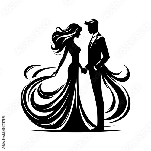 Silhouette of a bride and groom holding hands, facing each other.