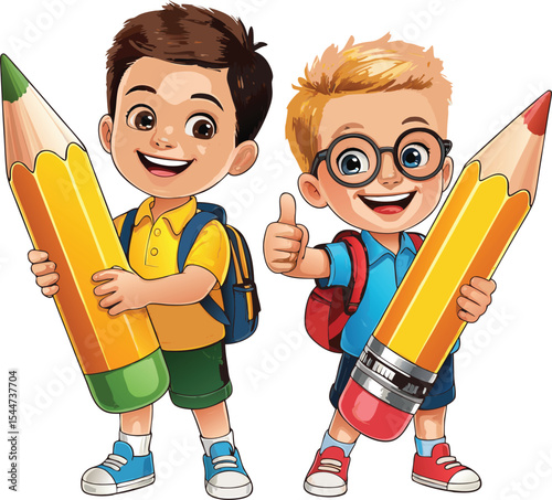 Two Cartoon Boys Holding Giant Pencils School Backpacks