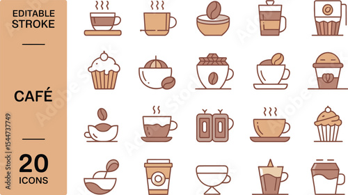 Collection of cafe and coffee icons in line art style