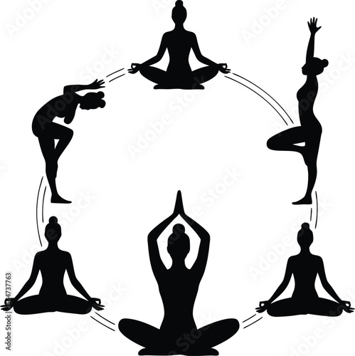 Five Black Silhouettes Women Yoga Poses Circle white