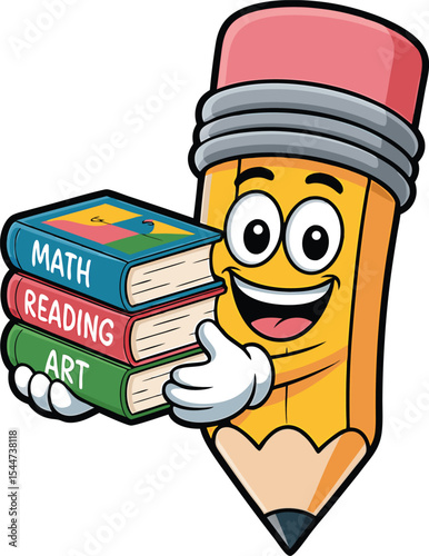 Happy Yellow Pencil Cartoon Character Holding Stack of Math Reading Art Books