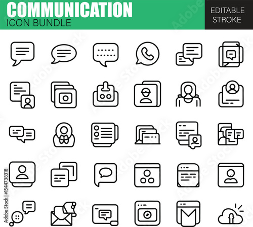 Versatile Communication Icons Pack for Digital Platforms Featuring Modern Chat Interfaces, Email, Calls, Mobile Devices, Notifications, Voice Messages, and Help Desk Symbols